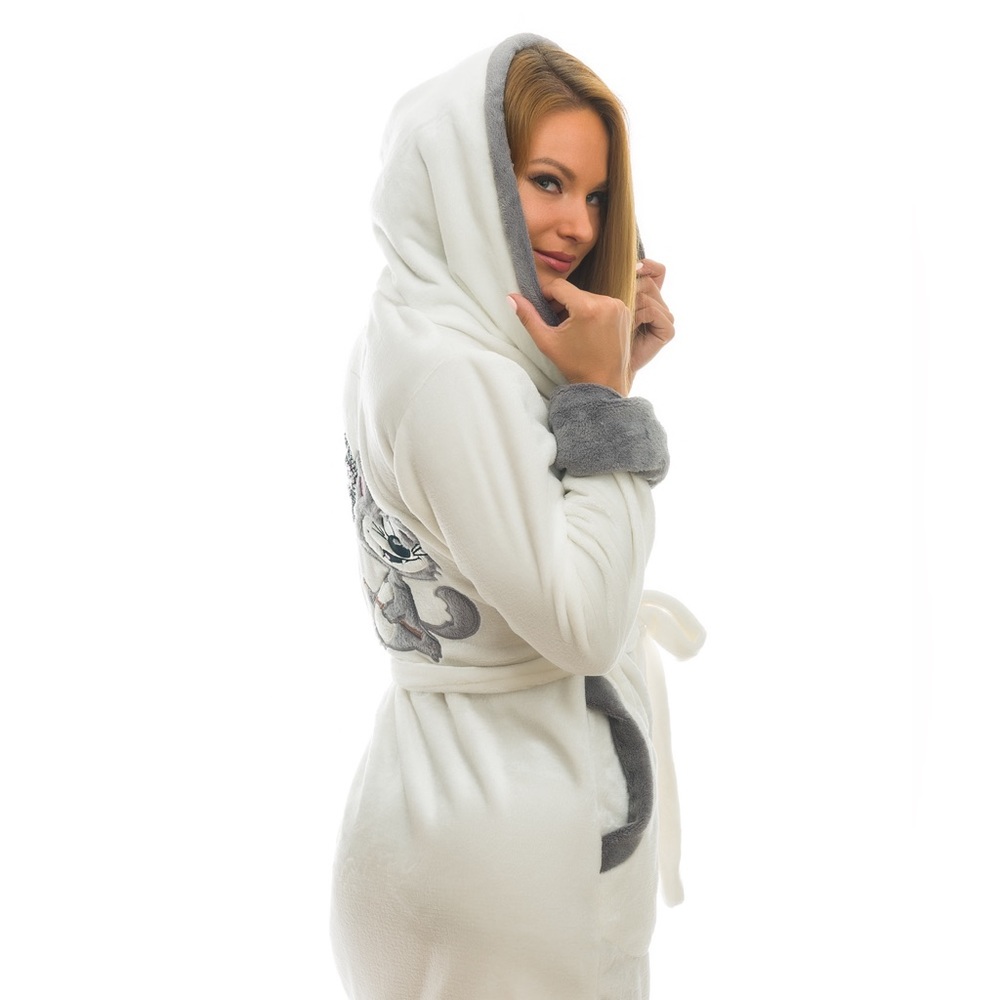 DH100 NEW Poppy Diary DH Ecru-Grey Embroidered Cat Soft Plush Bathrobes women